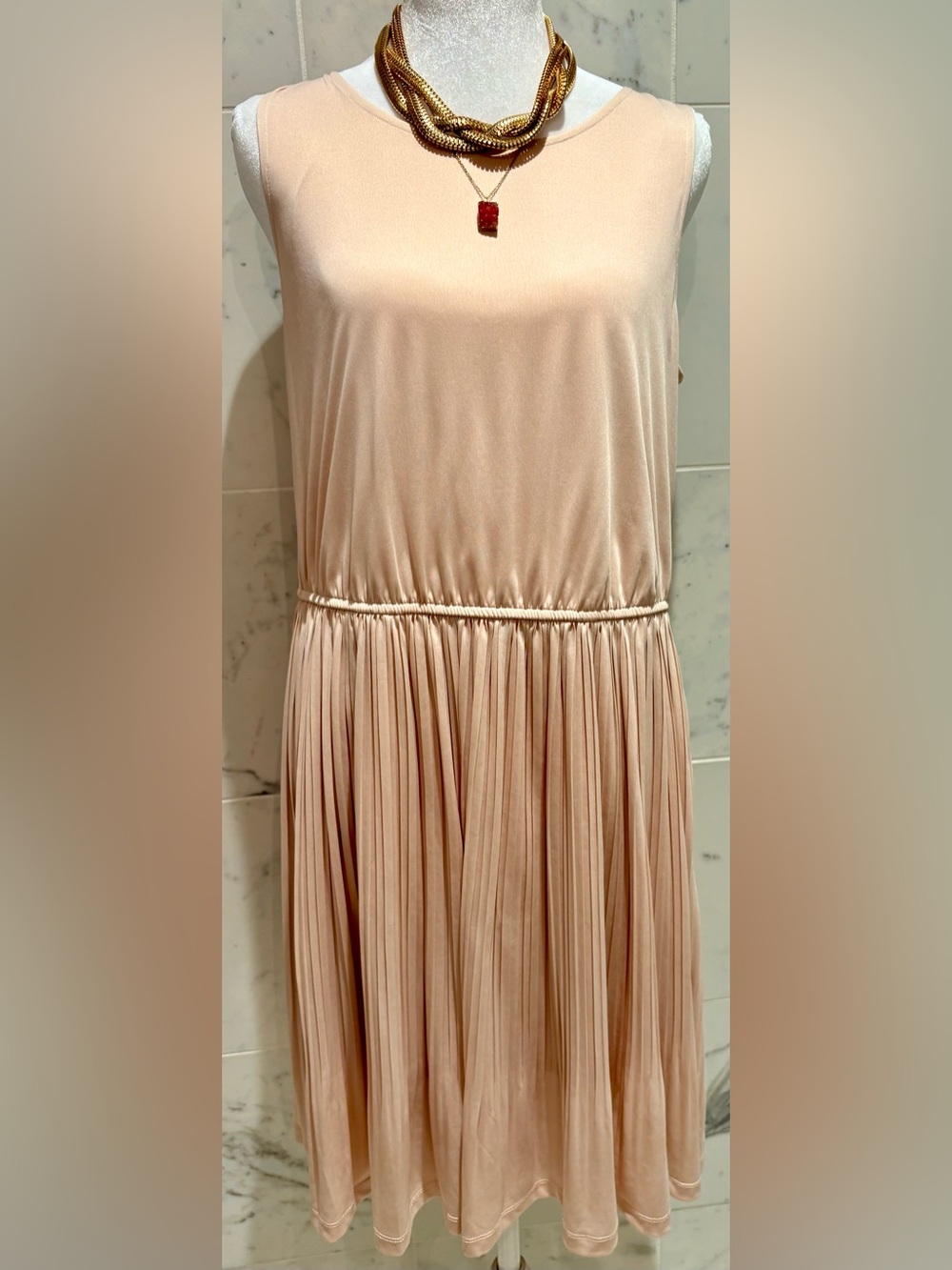 Pleated Satin Midi Dress in Blush